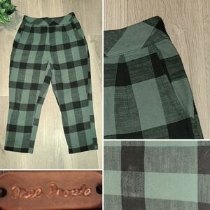 Free People Pleated Wide Leg Baggy Green Black Buffalo Plaid Crop Pant, Women M